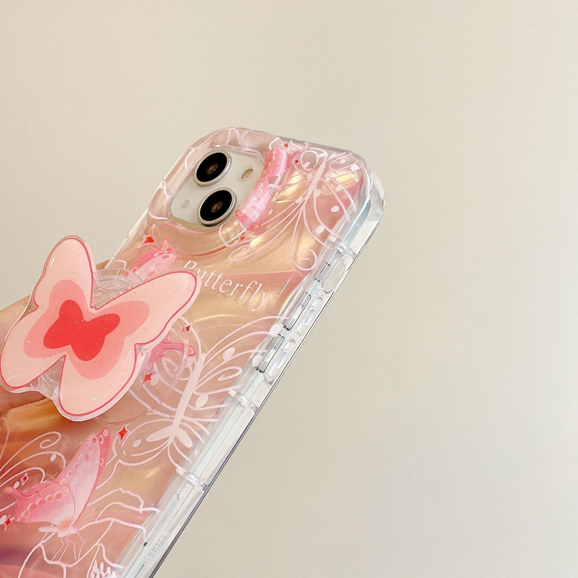 iPhone15対応】可愛いピンクバタフライ◎水紋デザイン クリアケース