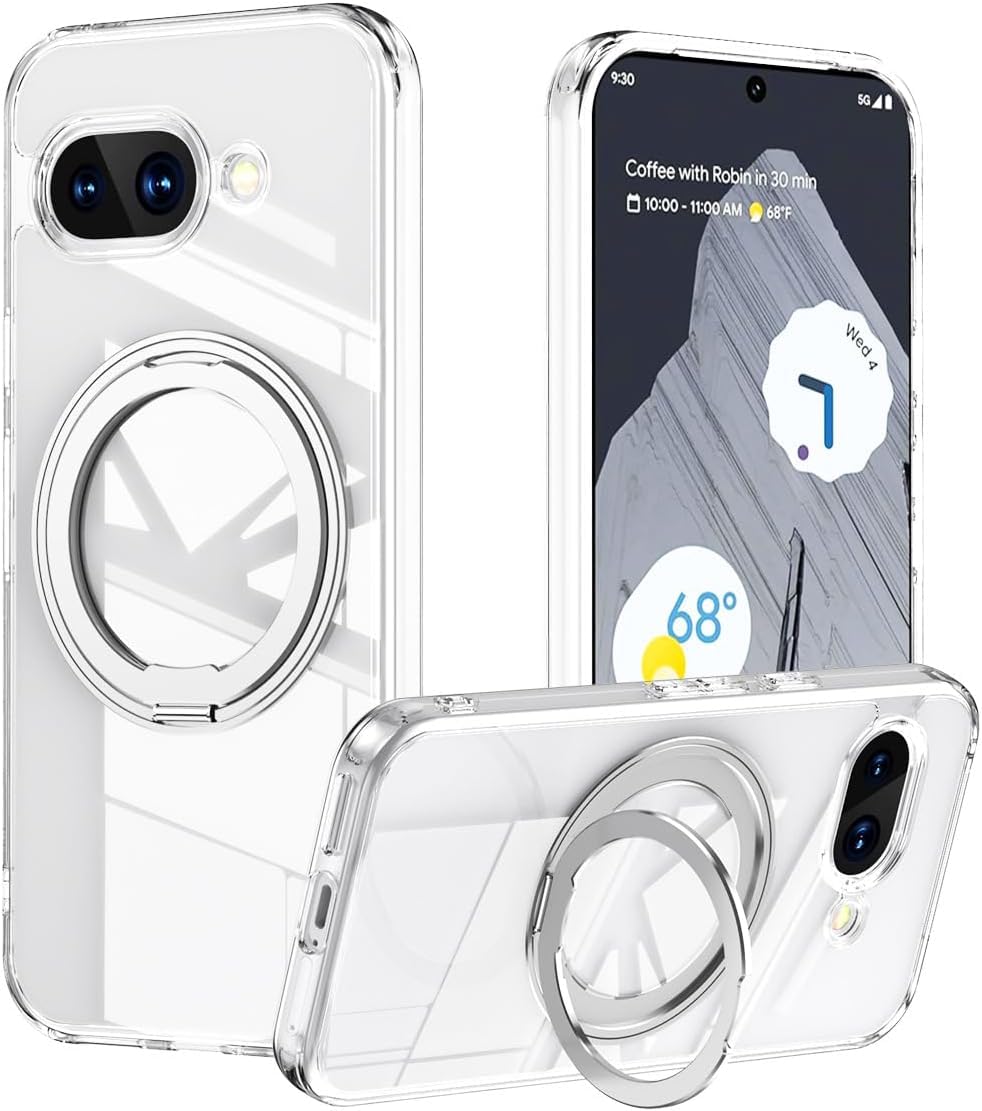 Google Pixel 9a用 ケース 360°回転スタンド MagSafe対応 リング付き グーグルピクセル9a用 カバー (9a/クリア)