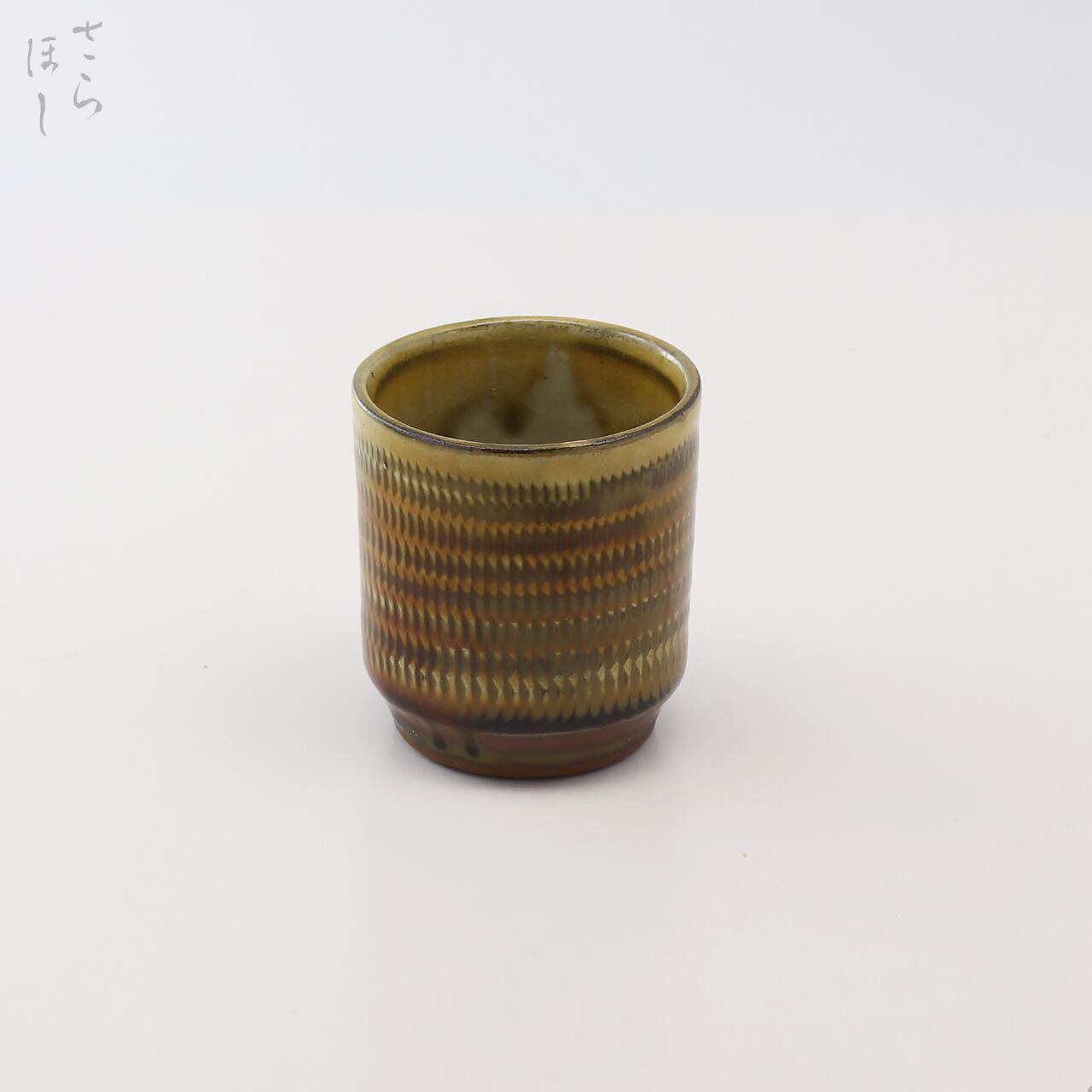 小鹿田焼 小袋窯 筒ぐい呑み 飛びかんな 緑 口径約5.6cm 陶器 和食器 酒器 民藝