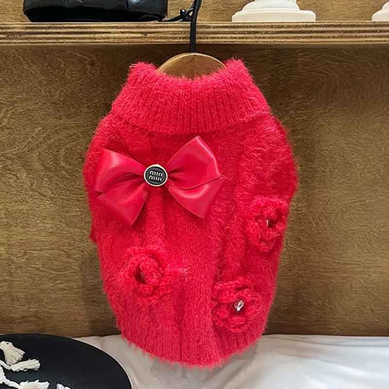 リボンとお花のロマンティックニットトップス 犬服 01386