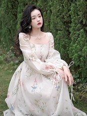 【0141】Flower Chiffon Lantern Long Sleeve Dress