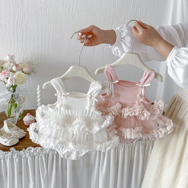 【BABY】うさ耳ニットチュールフリルロンパース - 6