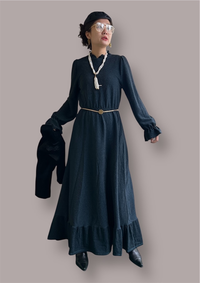 70s ITALY navy black lame maxi dress