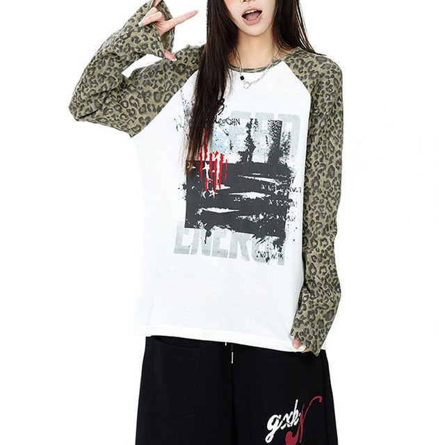 レオパードスリーブグラフィックラグランTシャツ 2col   R02621