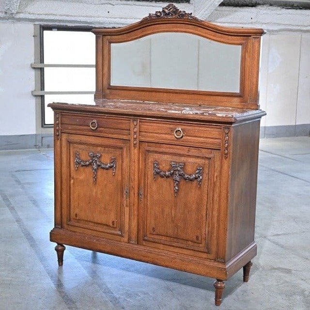 ★フランス製アンティーク フレンチ ドレッサー 大理石トップ ヨーロピアン 無垢材 サイドボード リビング 鏡 ミラー 作業台 サロン 寝室