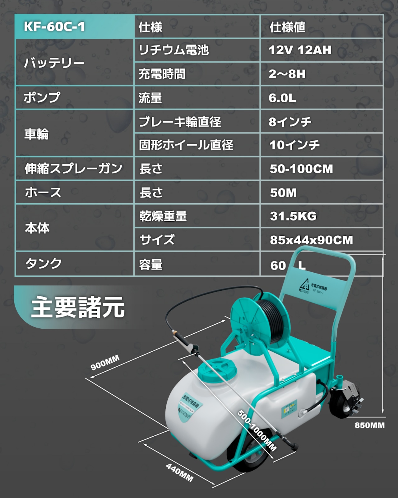噴霧器 バッテリー式噴霧器 10 Mpa 60L 静音 流量6.0L/min 農業用 除草 防除 消毒 50mホース リール付き リチウムバッテリー充電式 家庭菜園