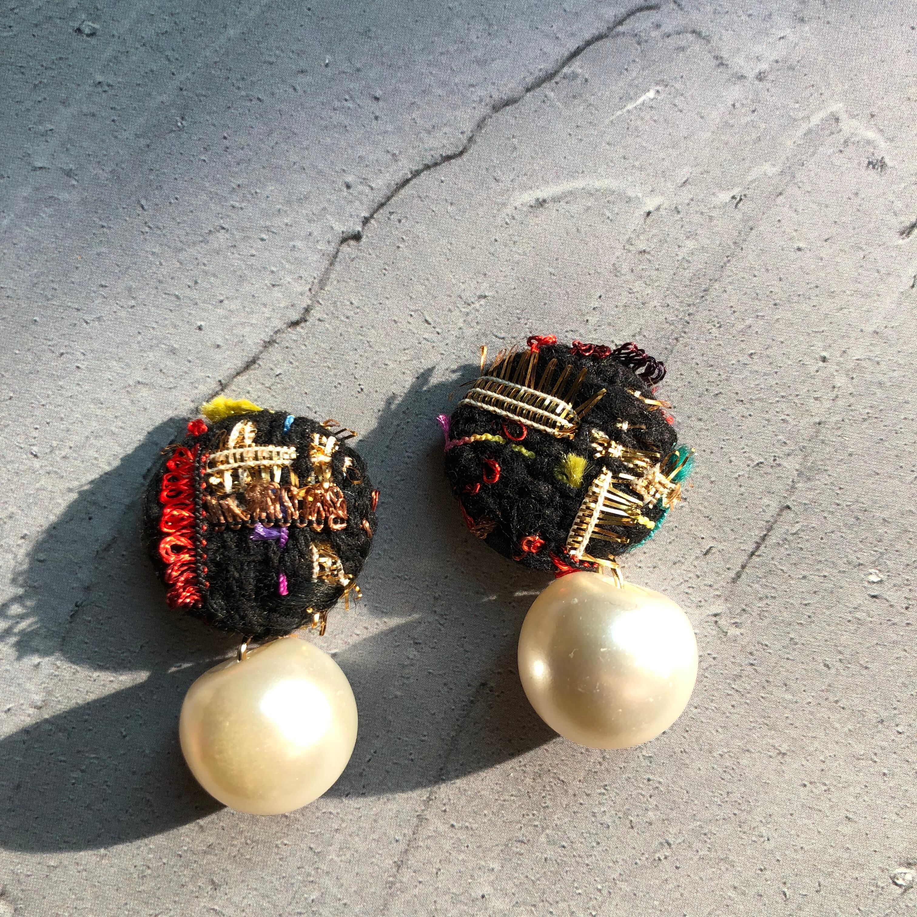 ハンドメイド ピアス ゴールド パール カボション レッド 淡水パール