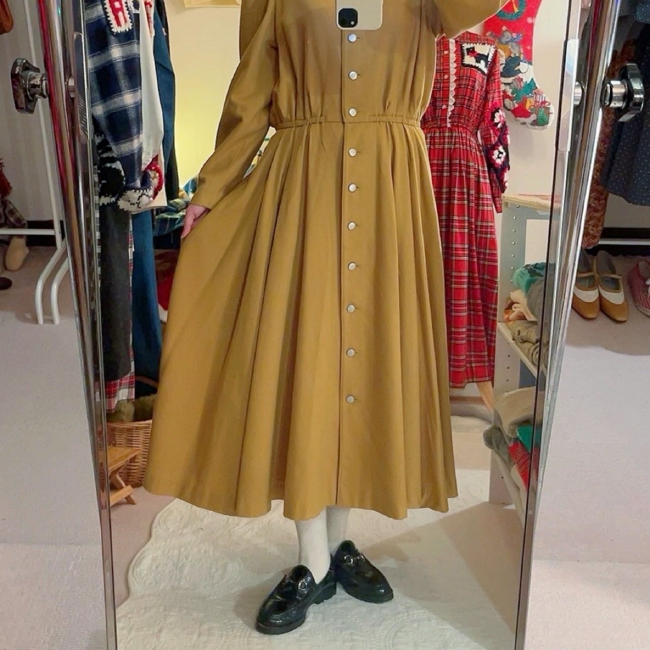 mustard front metal button one-piece