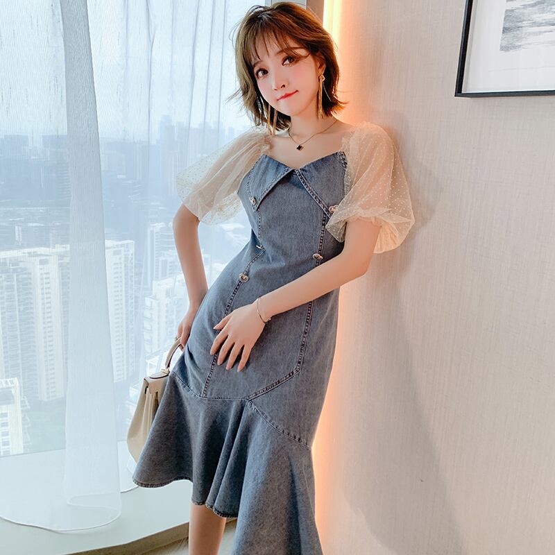 水玉メッシュスリーブダブルブレストドレス サマー 夏物 ステッチ MIUCO45538190754