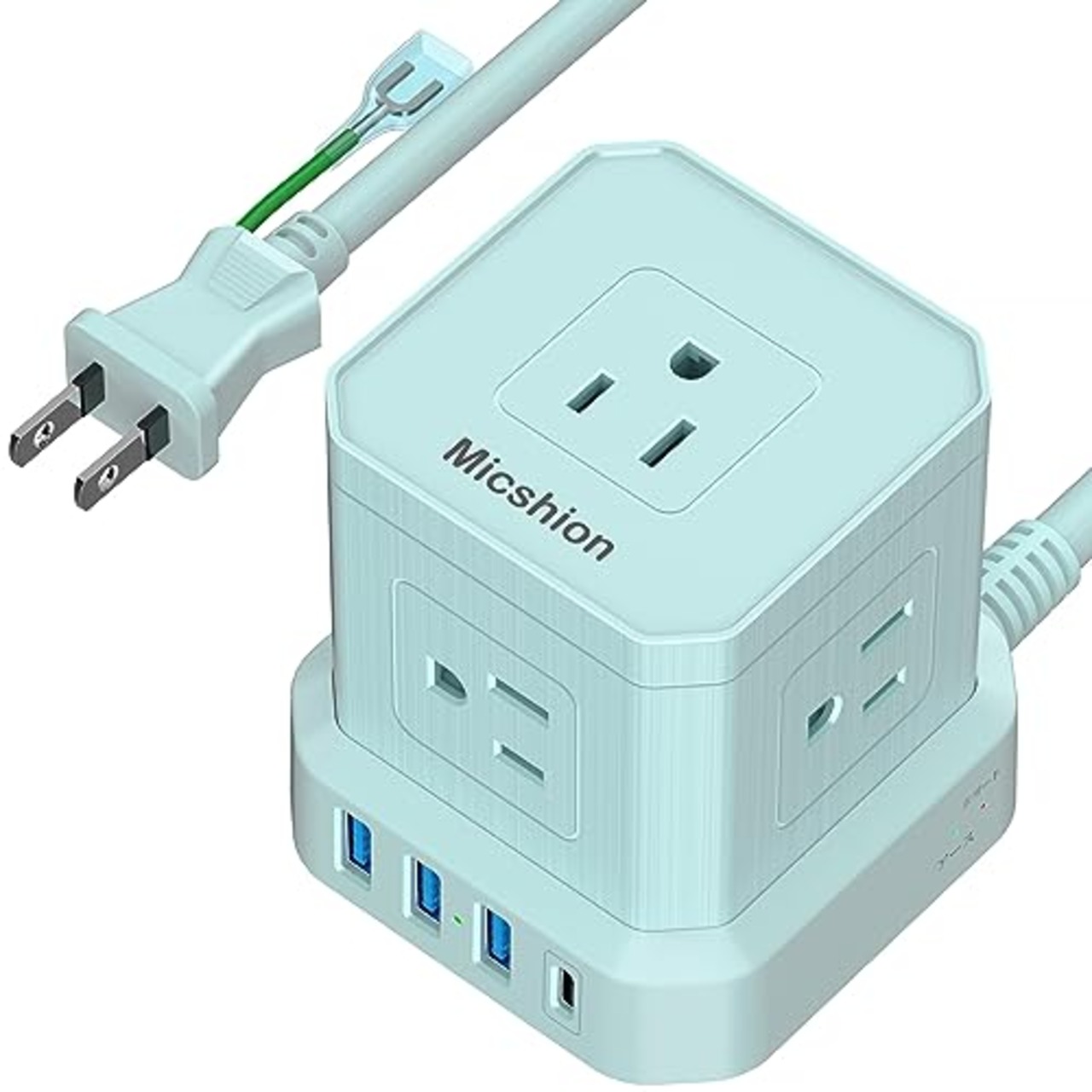 Micshion キューブ型電源タップ(2400W) Type-C付 延長コード 2m コンセントusb付き 雷ガード 5個AC口 3個USBポート 1個Type-C 電源タップ usb付き タコ足配線 テーブルタップ マルチタップ 安全保護機能 自宅用 会社用 ブルー 青色