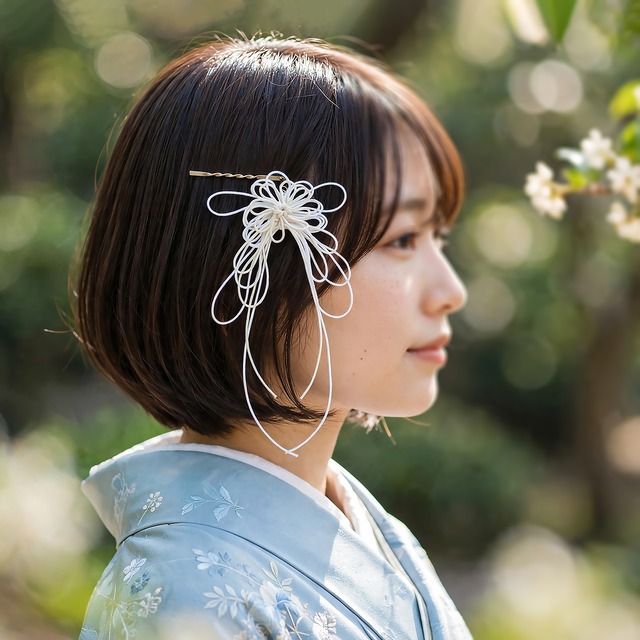 飾り結びヘアピン「祷り、ひそや」（アイボリー×白）【軽量快適】ショートヘアも簡単和風アレンジ。