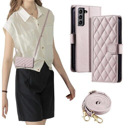 laddutoi FOR Samsung Galaxy S21 5G ケース SC-51B SCG09 カバー 手帳型 おしゃれ ストラップ付き スタンド機能 カード収納 軽量 薄型 耐衝撃 高級PUレザー 滑り防止 財布型 内蔵マグネット 開閉式 チェック柄 上質 耐摩擦 マグネット式 肩掛け 斜め掛けーピンク 2338