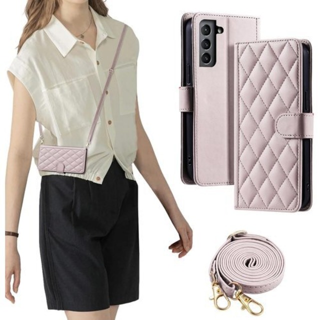 laddutoi FOR Samsung Galaxy S21 5G ケース SC-51B SCG09 カバー 手帳型 おしゃれ ストラップ付き スタンド機能 カード収納 軽量 薄型 耐衝撃 高級PUレザー 滑り防止 財布型 内蔵マグネット 開閉式 チェック柄 上質 耐摩擦 マグネット式 肩掛け 斜め掛けーピンク 2338