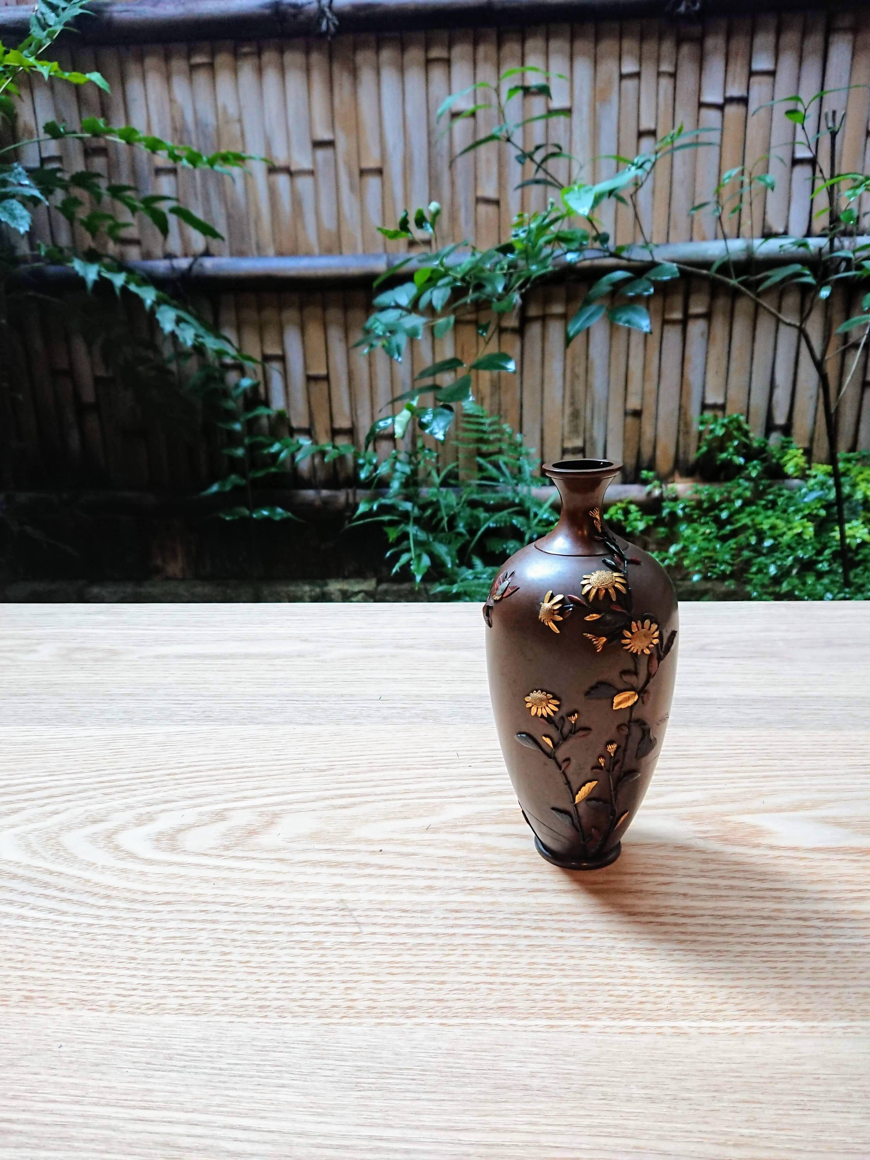 銅製 花鳥 象嵌 花器 大日本京都住 一光堂 宮部篤良 在銘 明治工芸 