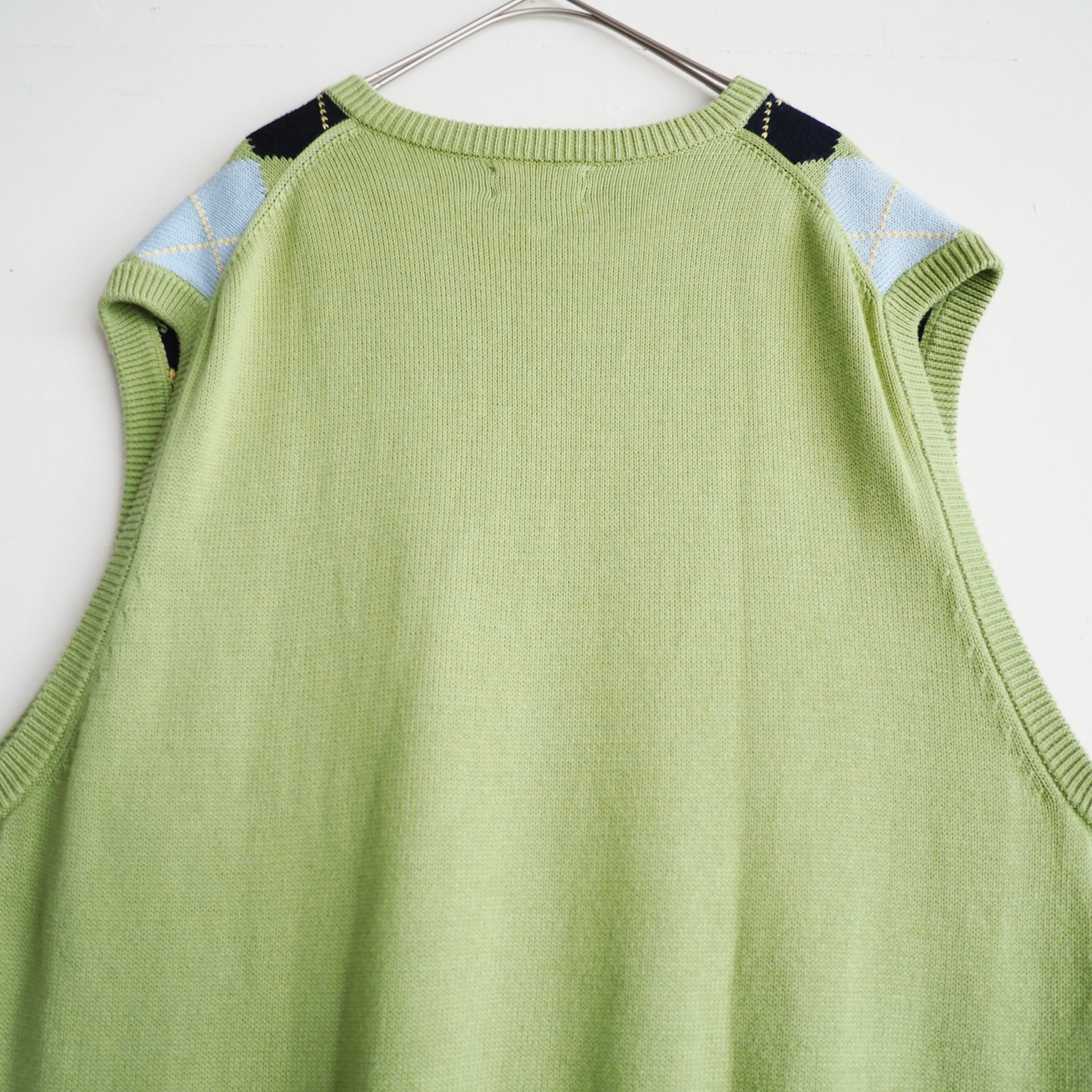 ” Brooks Brothers ” light green × yellow stitch argyle check pattern knit vest