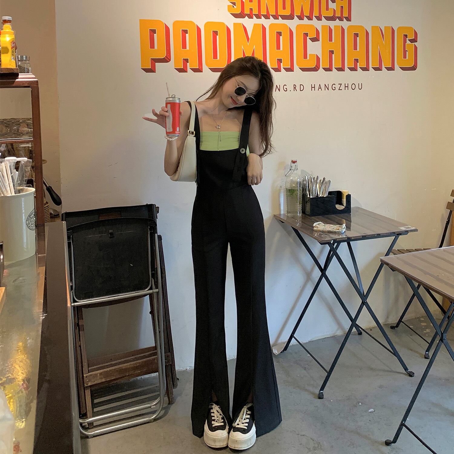 サマーレッドブラックワイドレッグオーバーオール レディース薄手 夏物 ワイドパンツ HUCHUJING32105076446