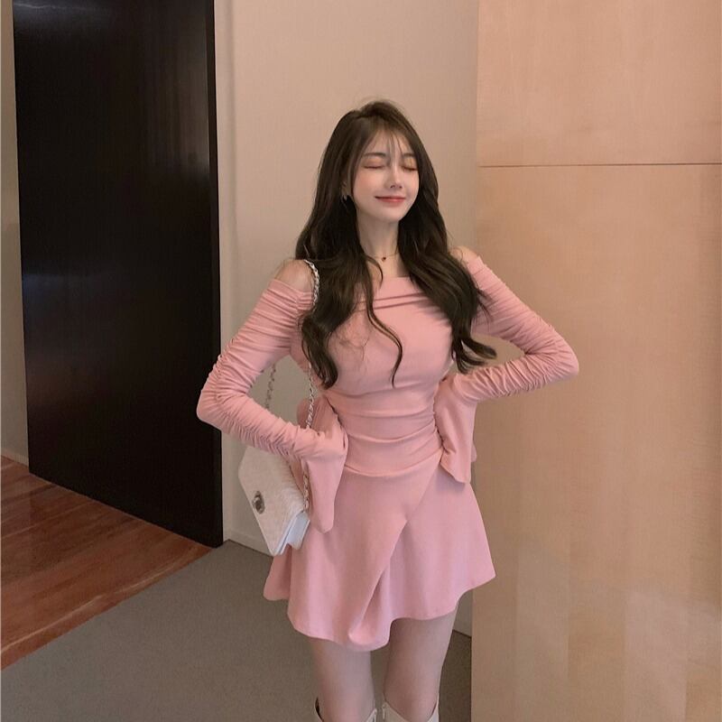 ワンショルダードレスレディース秋長袖タイトフィットヒップショートスカート2020新作ブラックインナーベーススカート ブラックストロベリース52882331881