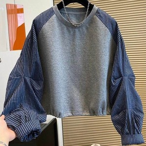 CONTRAST STRIPED RAGLAN SLEEVE CROP SWEATSHIRT M-18754