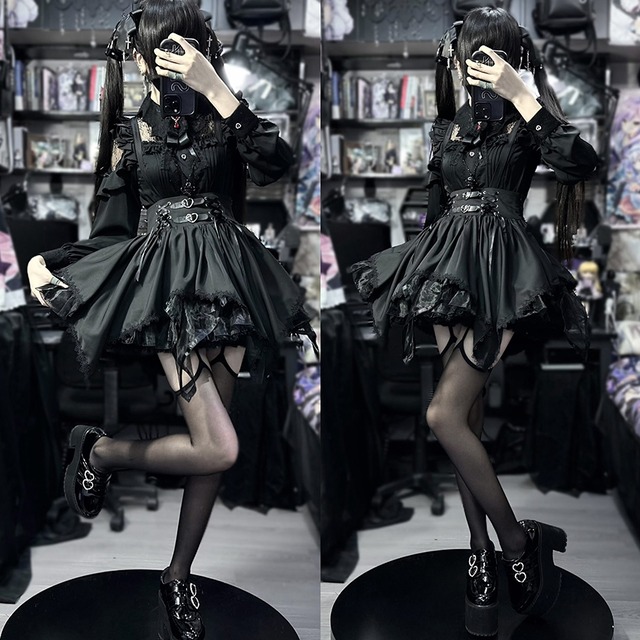 SEASONZ 地雷系女子 甘辛ミックス  レースアップ ミニスカート イレギュラーヘム レース 透け感 病み可愛い ダークファッション 地雷女子