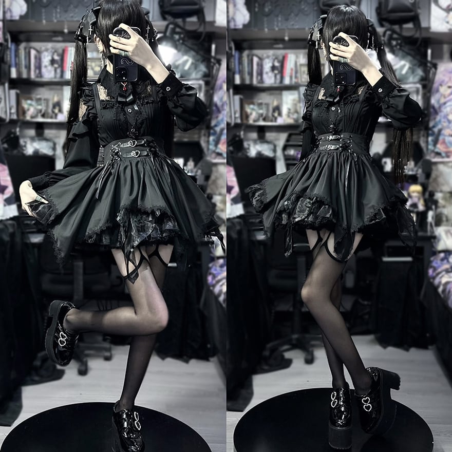 SEASONZ 地雷系女子 甘辛ミックス レースアップ ミニスカート イレギュラーヘム レース 透け感 病み可愛い ダークファッション 地雷女子