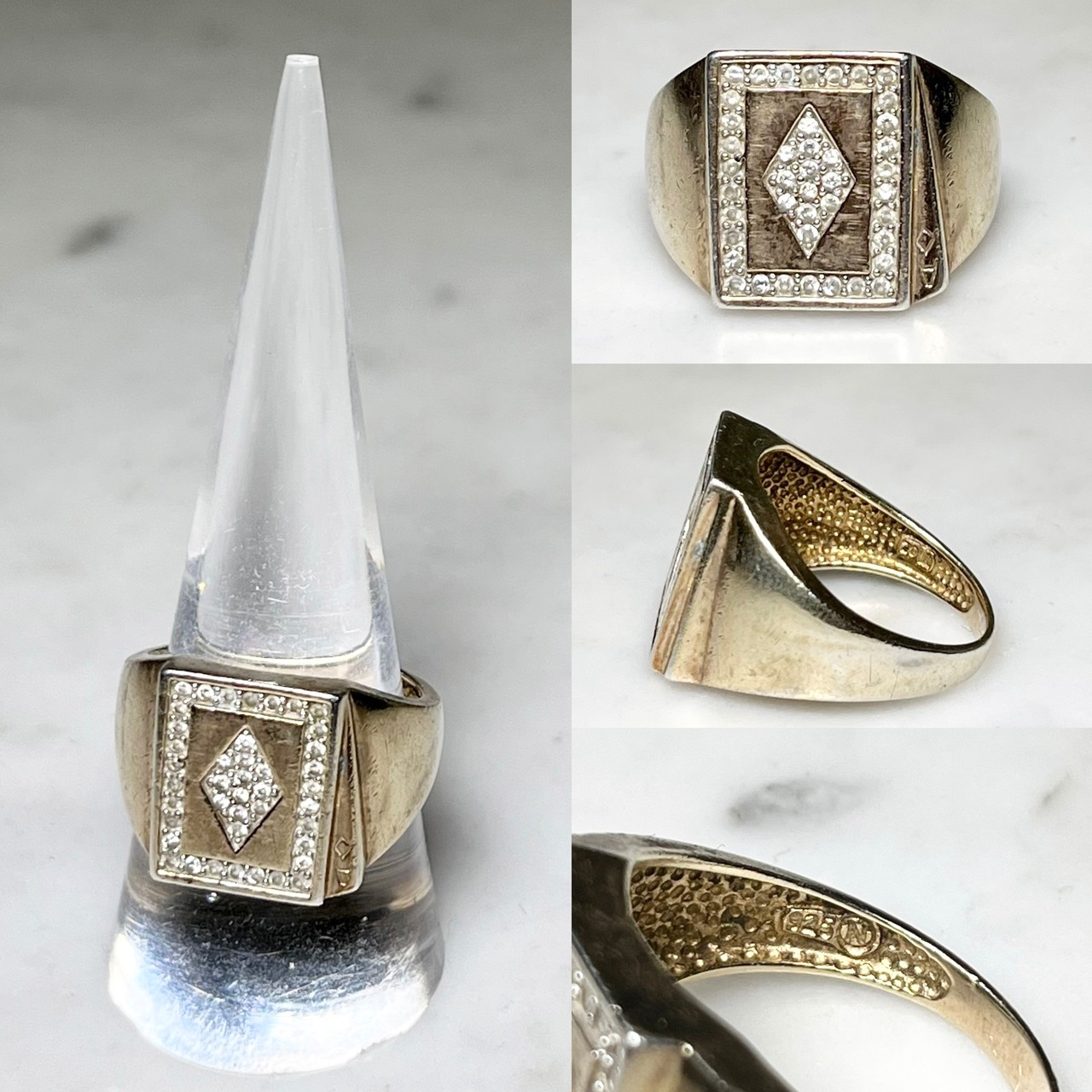 vintage gold color silver signet ring set with diamond