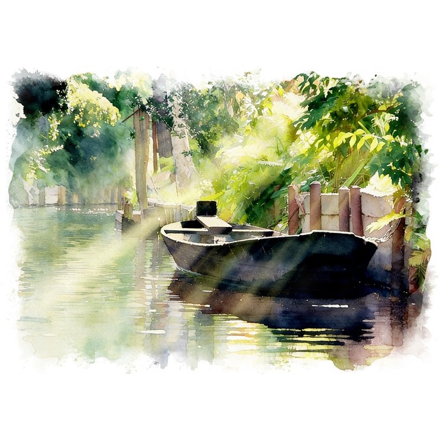 絵画 風景画(街並み)  ドイツ シュプレーヴァルト運河 インテリアアート額付き 水彩画・油絵風 WAT1043
