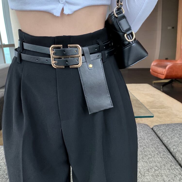 ベースマーク レディース ハイウエスト ベルト バックル ワイド パンツ