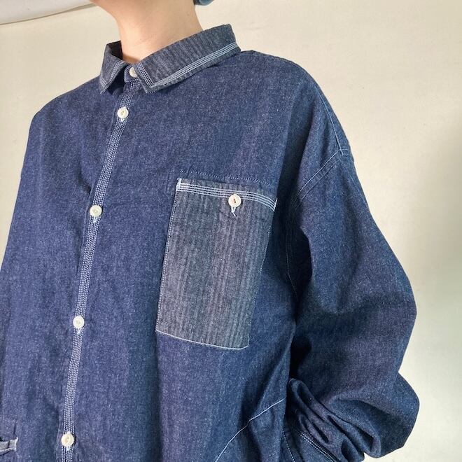 快晴堂デニム シャツ 5+ 快晴堂 レディース メンズ シャツ ステッチ沢山シャツ HAYATE デュアル