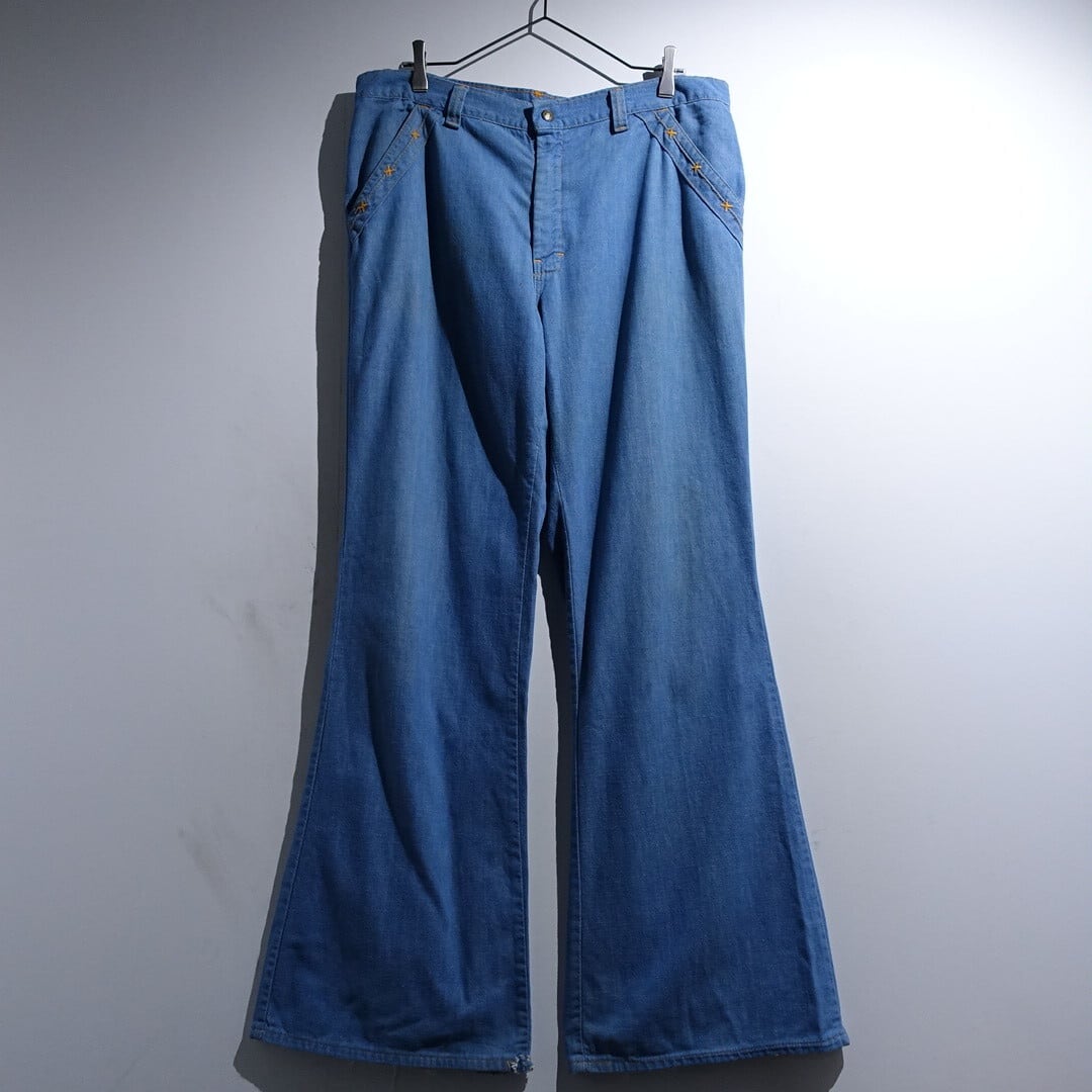 70s "Live Xins" Blue Embroidered Desgin Wide Flare Denim Pants