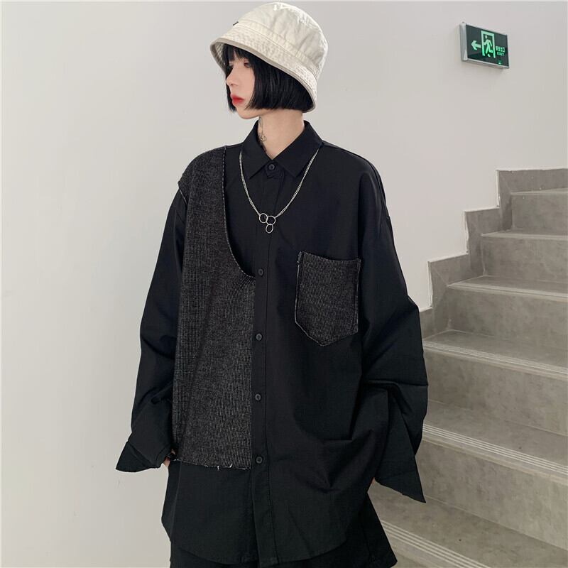 ダークルーズシャツ レッドスタイルスプリングトップス ロング ストリート 春物 ステッチ ケッペル49997792568