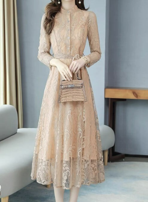 ドレス ミモレ丈ドレス ミモレ 袖あり 長袖 スタンドカラー Aライン ハイウエスト かわいい 大人可愛い きれいめ シンプル 大人 上品 おしゃれ お洒落 大人可愛い 大人女子 ラブリー キュート ガーリー 個性的 クール セクシー エレガント 華やか 上品 お姫様 お嬢様 清楚 無地 10代 20代 30代 40代 レディース デート 女子会 パーティー イベント レストラン 韓国 韓国系 オルチャン ファッション コーデ スタイル 美脚 脚長 春 秋 二次会 1.5次会