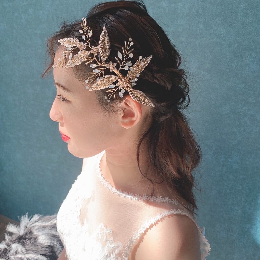 H-077 ウェディング アクセサリー【小枝 ゴールド グラデーション リーフ ヘッドドレス】ブライダル 髪飾り