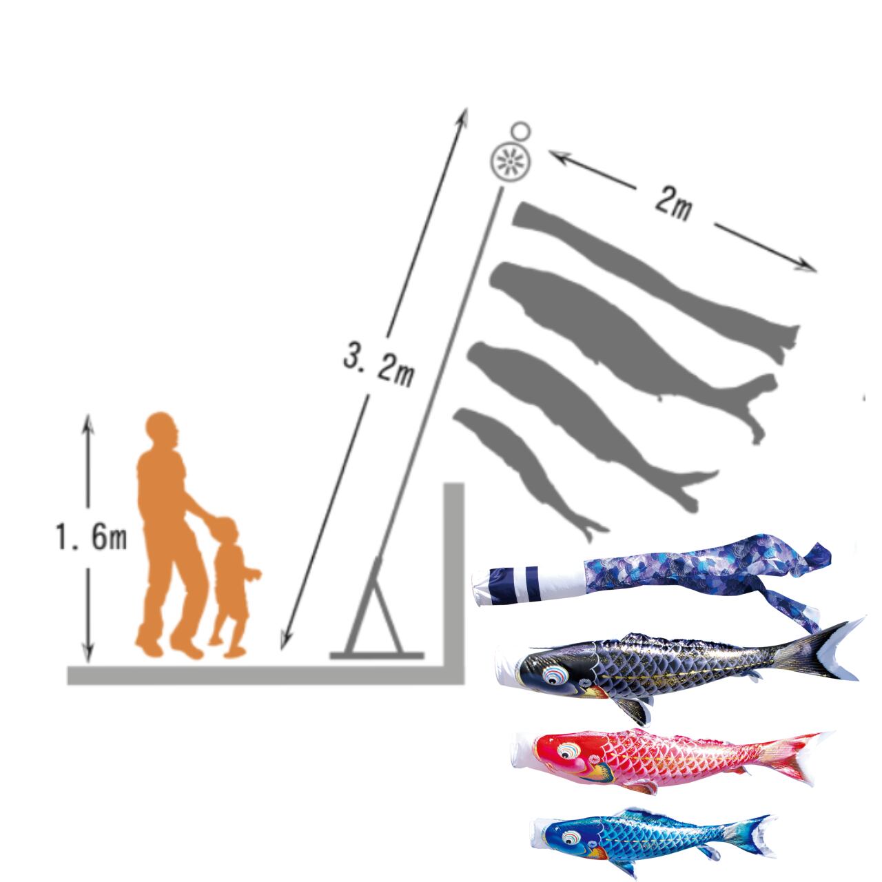 千寿プレミアムベランダスタンドセット　１.２M６点セット（徳永鯉のぼり）