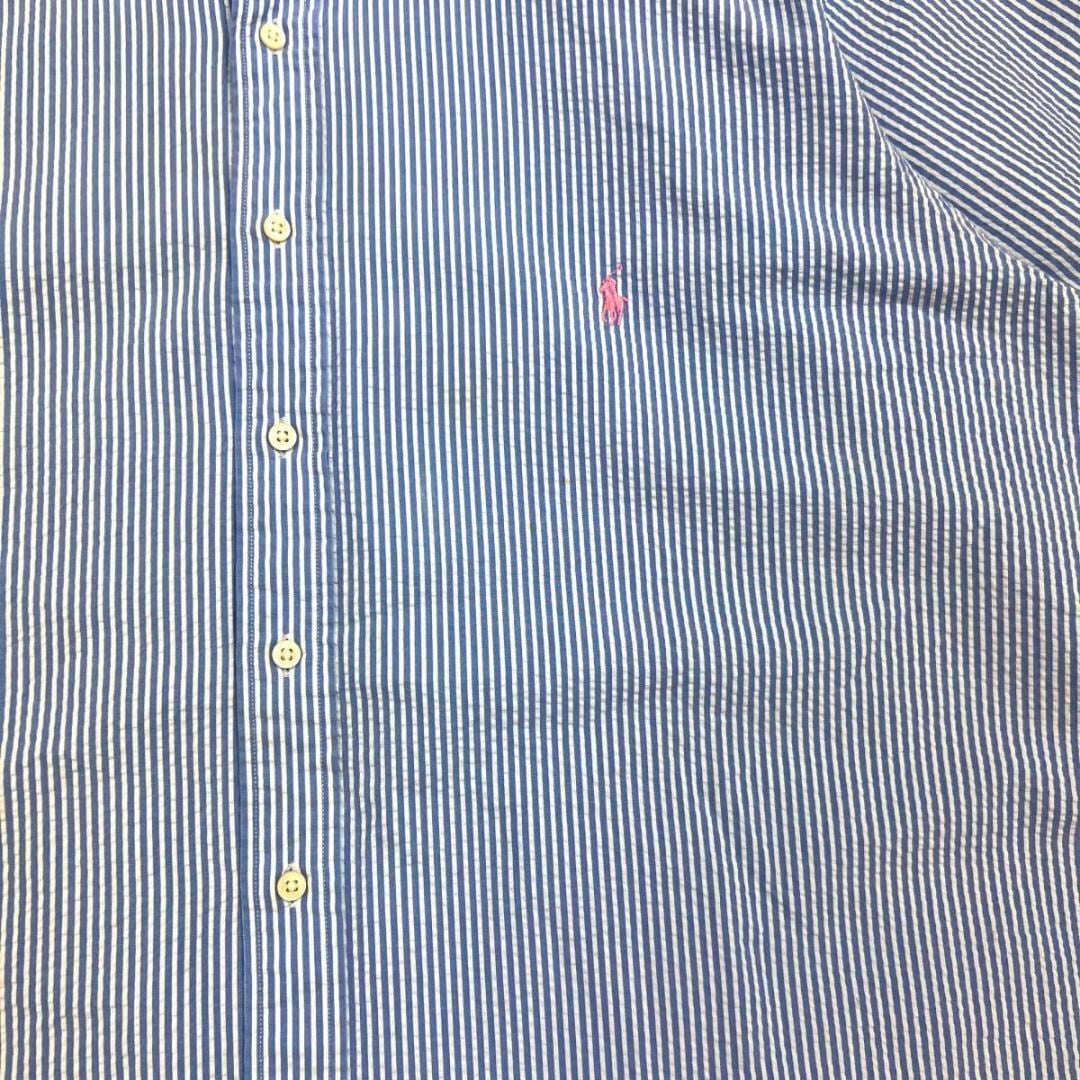 90s ポロ ラルフローレン シアサッカー 半袖シャツ 2XB ブルー ボタンダウンシャツ POLO Ralph Laure ストライプシャツ  ビッグサイズ 古着 ビッグシャツ オーバーサイズ