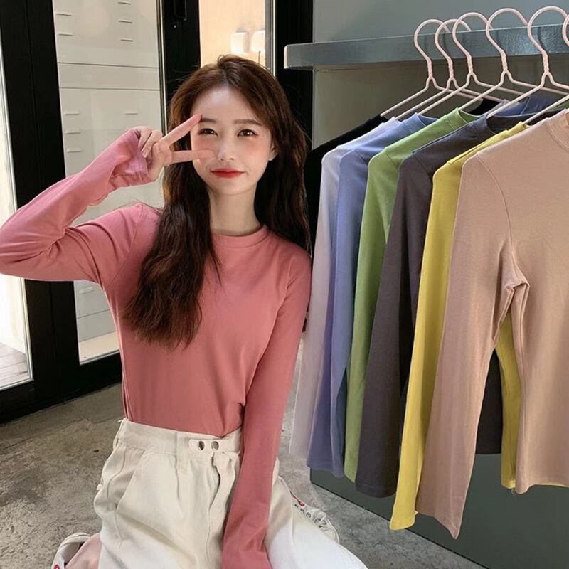 スプリングソリッド カラーラウンドネックTシャツ シャツ トップス ロング 春物 Oネック ソリッドカラー 萌量不足39410874737