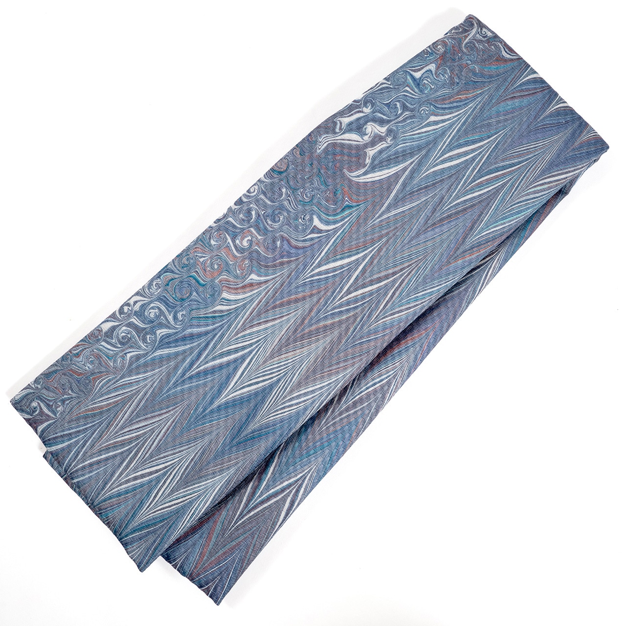 リバーシブル墨流し半巾帯 　[雨降る朝の散歩道 ]　矢羽柄×マーブル