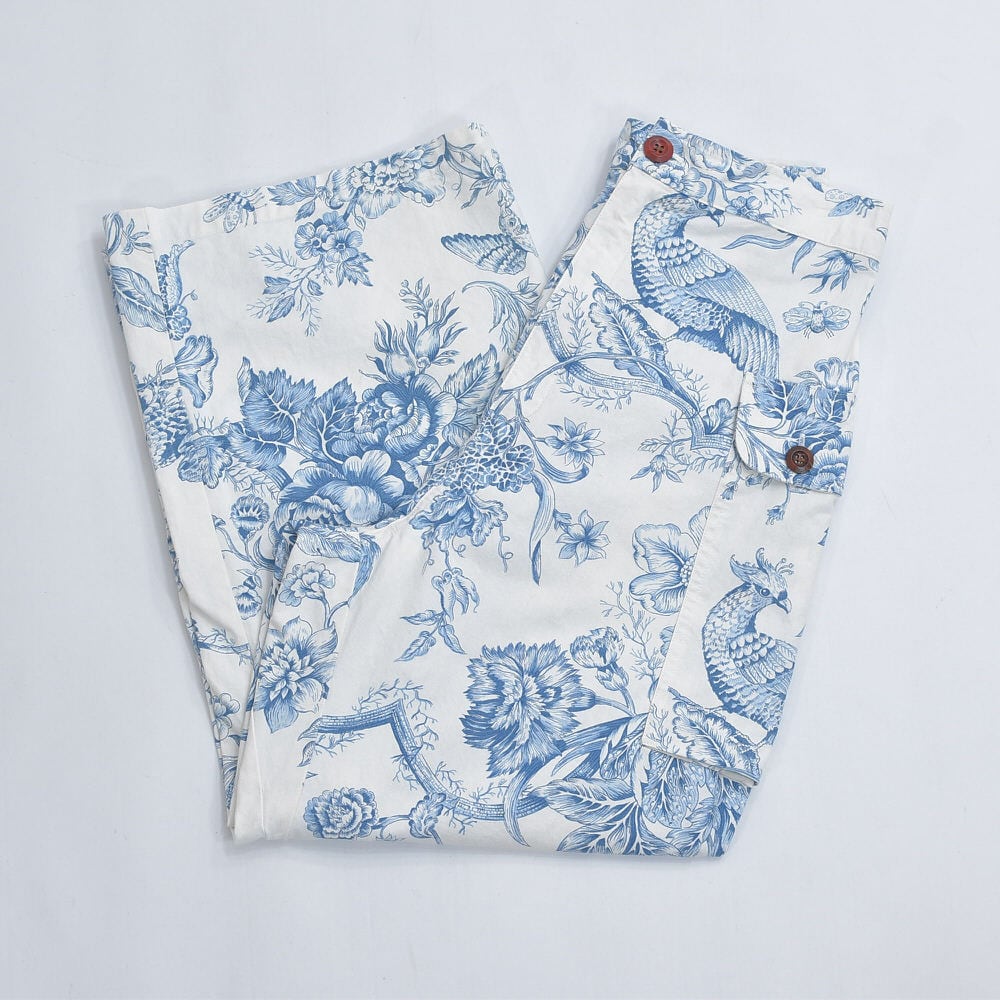 Remake ヴィンテージ アンティーク調 トワル・ド・ジュイ柄 ルーズシルエット カーゴパンツ テキスタイル ボタニカル アニマル 再構築 リメイク 総柄 ホワイト 古着 ユニセックスデザイン W67~84cm