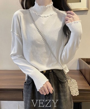 メロウフリル リブニット プチハイネック ニットプルオーバー ストレッチ 普段着 ニットウェア 大人秋服 カジュアルニットソー ハーフタートルネックニットインナー レディース ニット セーター lstpベジー VEZY ItemNo.【20341819 】