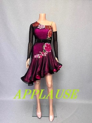 【新着】社交ダンス ドレス　ラテンドレス　ブラック＆ピンク　M　LA-24-2  デモ・競技用ドレス　発表会衣装　パーティドレス　ワンピース　舞台衣装