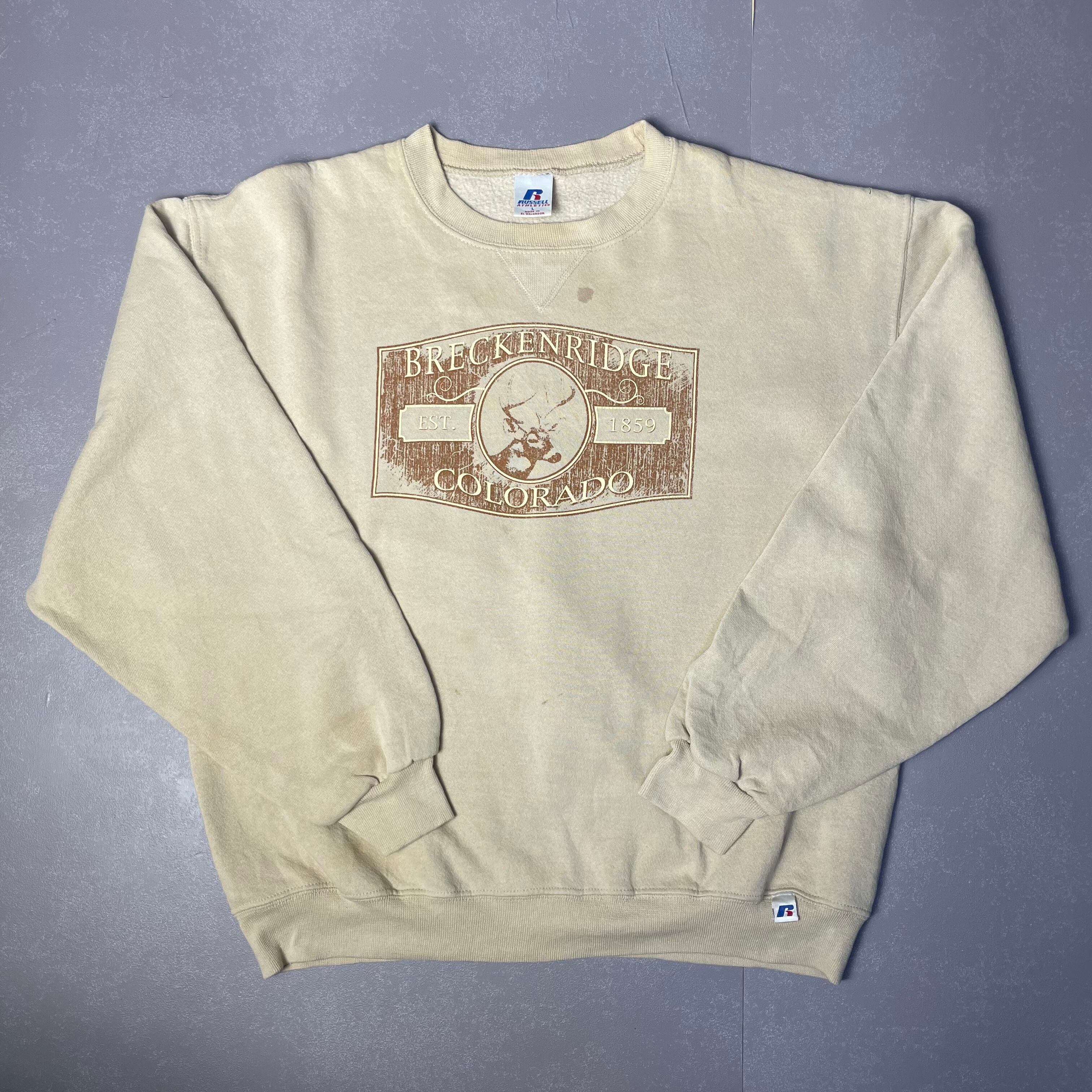 RUSSEL ラッセル BRECKENRIDGE COLORADO プリント スウェット トレーナー メンズL 古着 クリーム 茶色【スウェット】