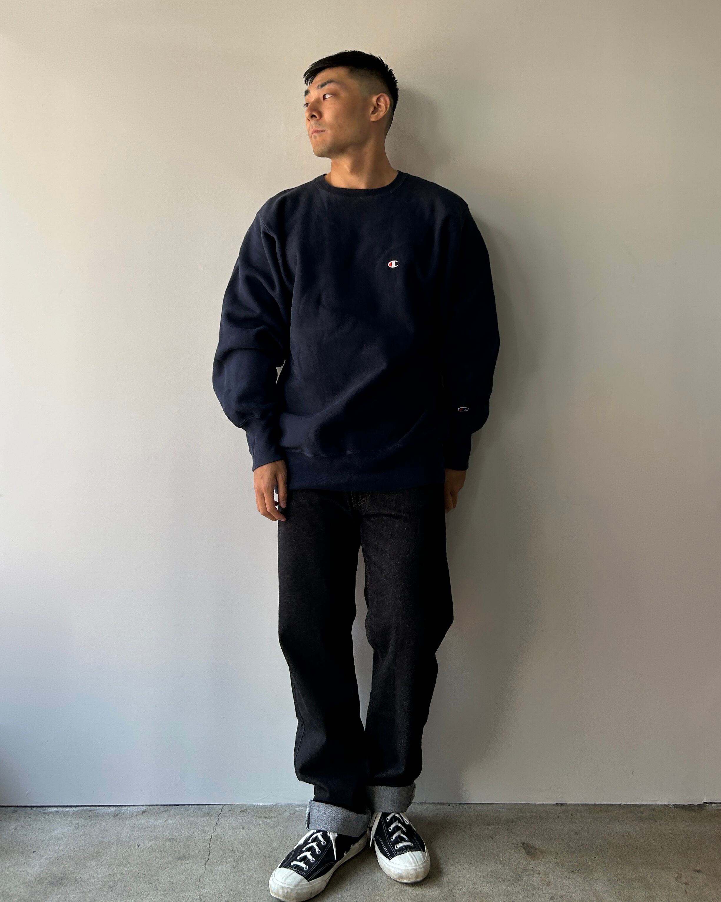 90s XL ネイビー リバースウィーブ チャンピオン スウェット 紺色 無地 