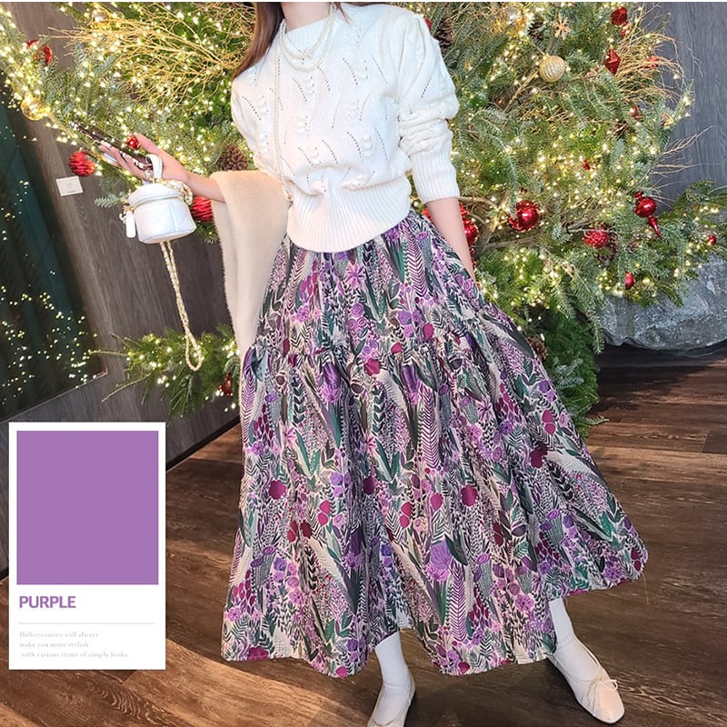パフスカート ボタニカル柄 フレア ミモレ丈 花柄 大人きれい 春 パフスカート ボタニカル柄 フレア ミモレ丈 花柄 大人きれい 春