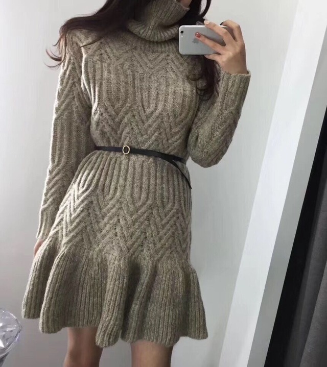 長袖 タートルネック 色んな編み方があって楽しい フレアミニ ニットミニワンピース Mahalore To All Ladies