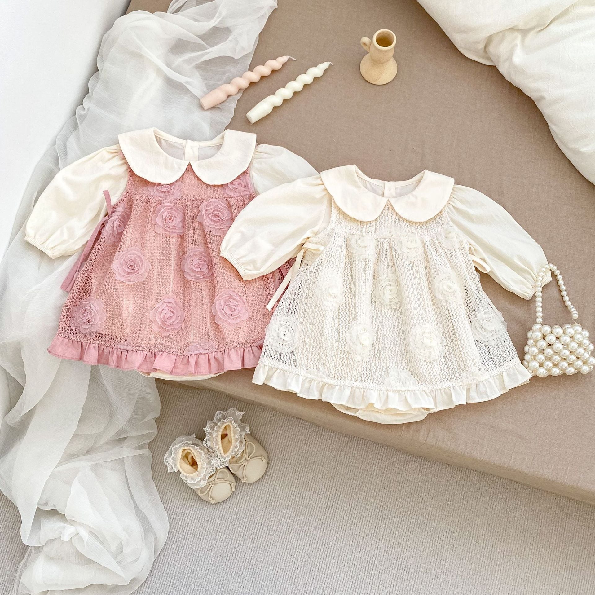 ,ベビー女の子レースフラワー2点セット ロンパース アイボリー ピンク かわいい春秋冬ベビー服 結婚式 誕生日 お出かけ lwb0104
