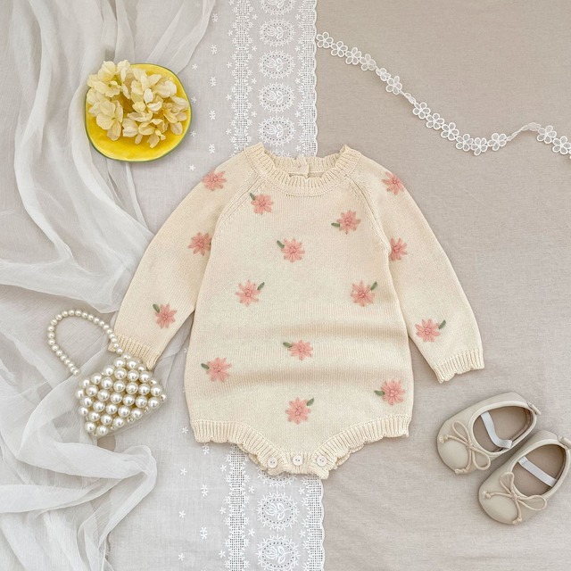 ,ベビー女の子100％綿花柄ニットロンパース　かわいい秋冬服　アイボリー　lwb0143