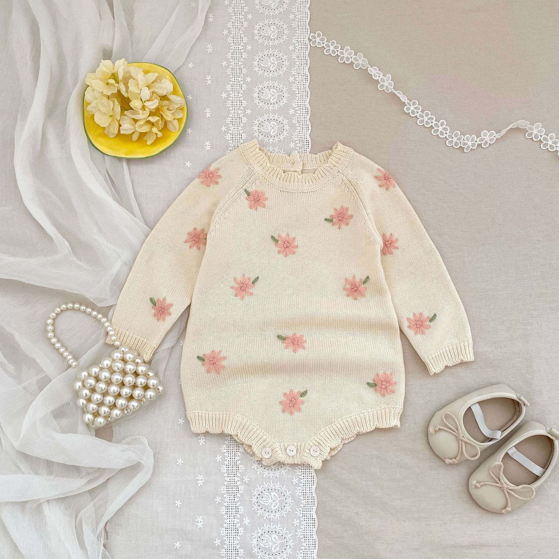 ,ベビー女の子100%綿花柄ニットロンパース かわいい秋冬服 アイボリー lwb0143