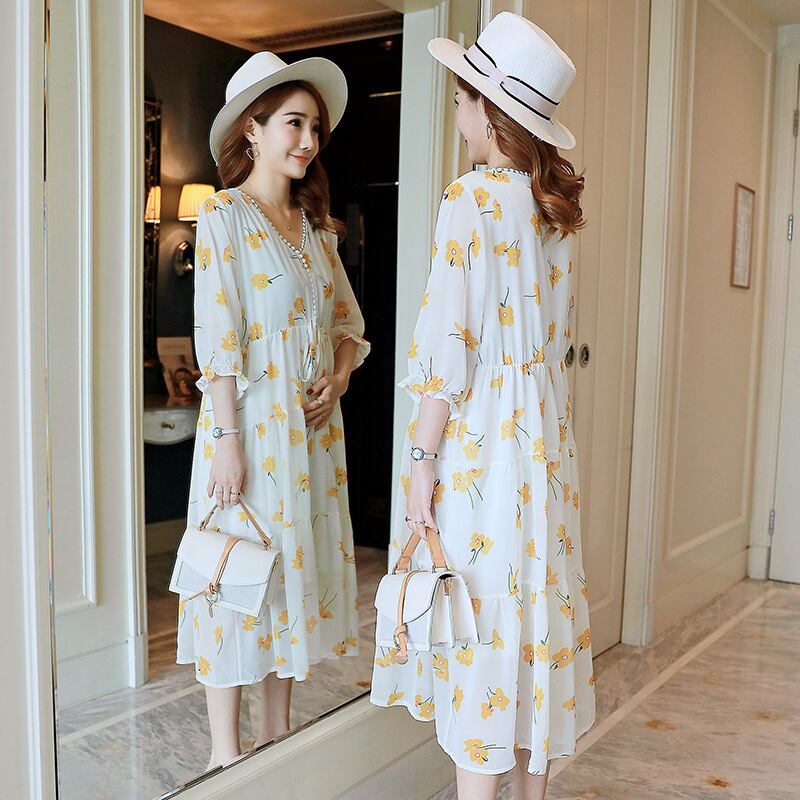 【新作】【送料無料】 新しいファッションフローラルミドルレングスシフォンマタニティドレスのマタニティドレス2019夏バージョンは母乳で育てることができます-アリババ サマー 夏物 花柄 expec232907956846