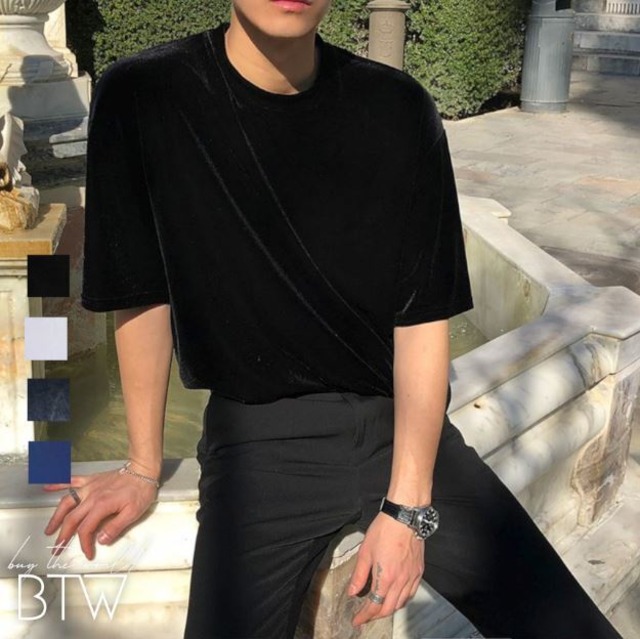 【韓国メンズファッション】BW1083 ユニセックス ゴールドベルベット 無地 Tシャツ オーバーサイズ シンプル カジュアル