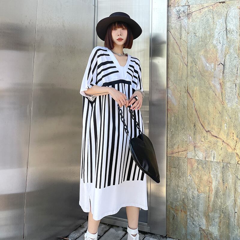 ホワイトストライプドレス サマールーズ薄手Vネックカジュアルスカート 夏物 ラブタオタオダレンハウス16891267418