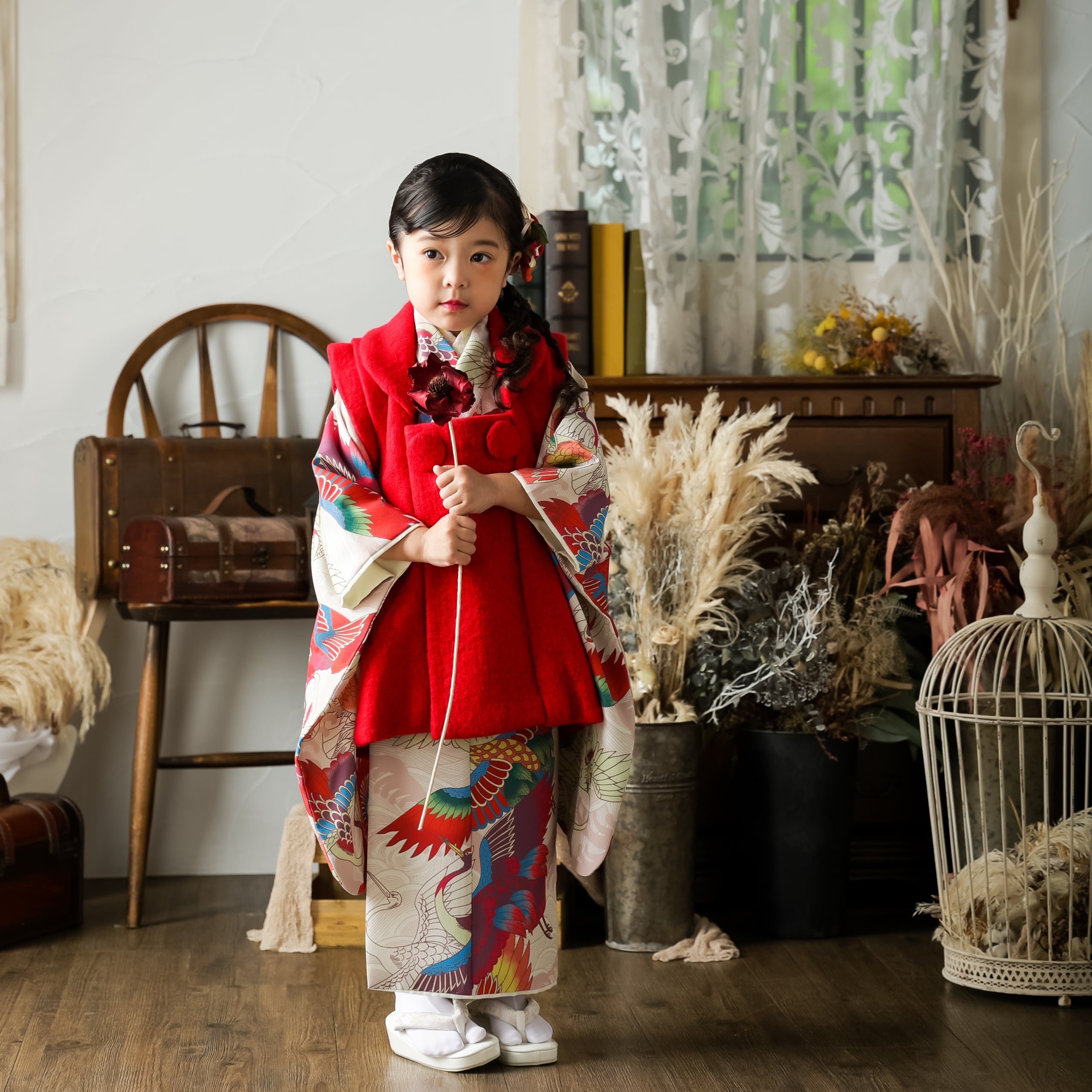 七五三 着物9点セット 3歳 着付け簡単 説明書付き90〜100cm 赤 ピンク